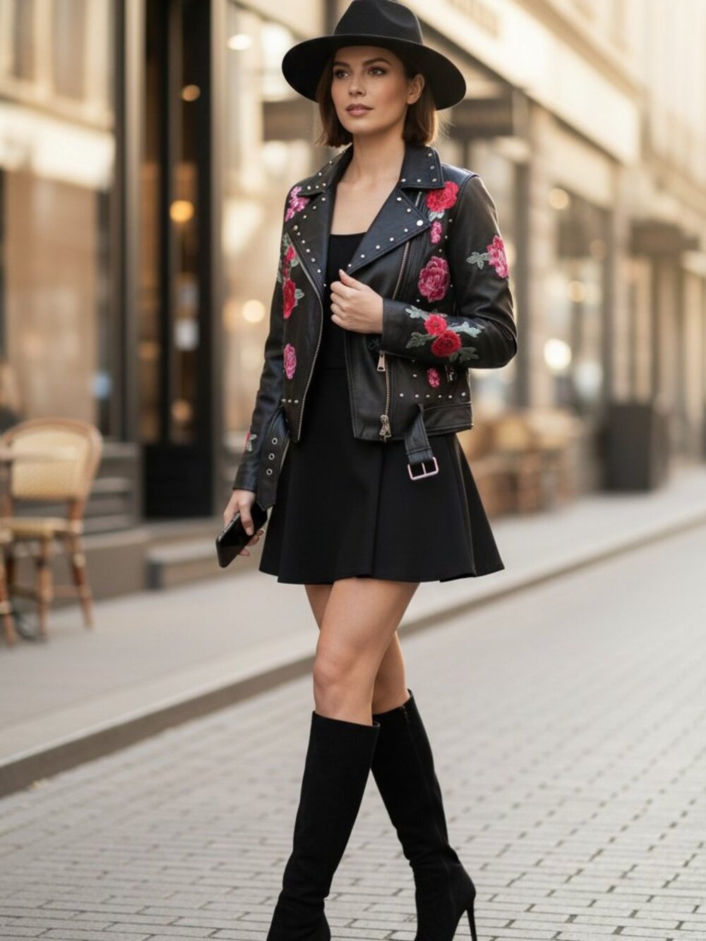 BAGATELLE BLACK FAUX LEATHER EMBROIDERED ROSES STUDDED MOTO BIKER JACKET MED